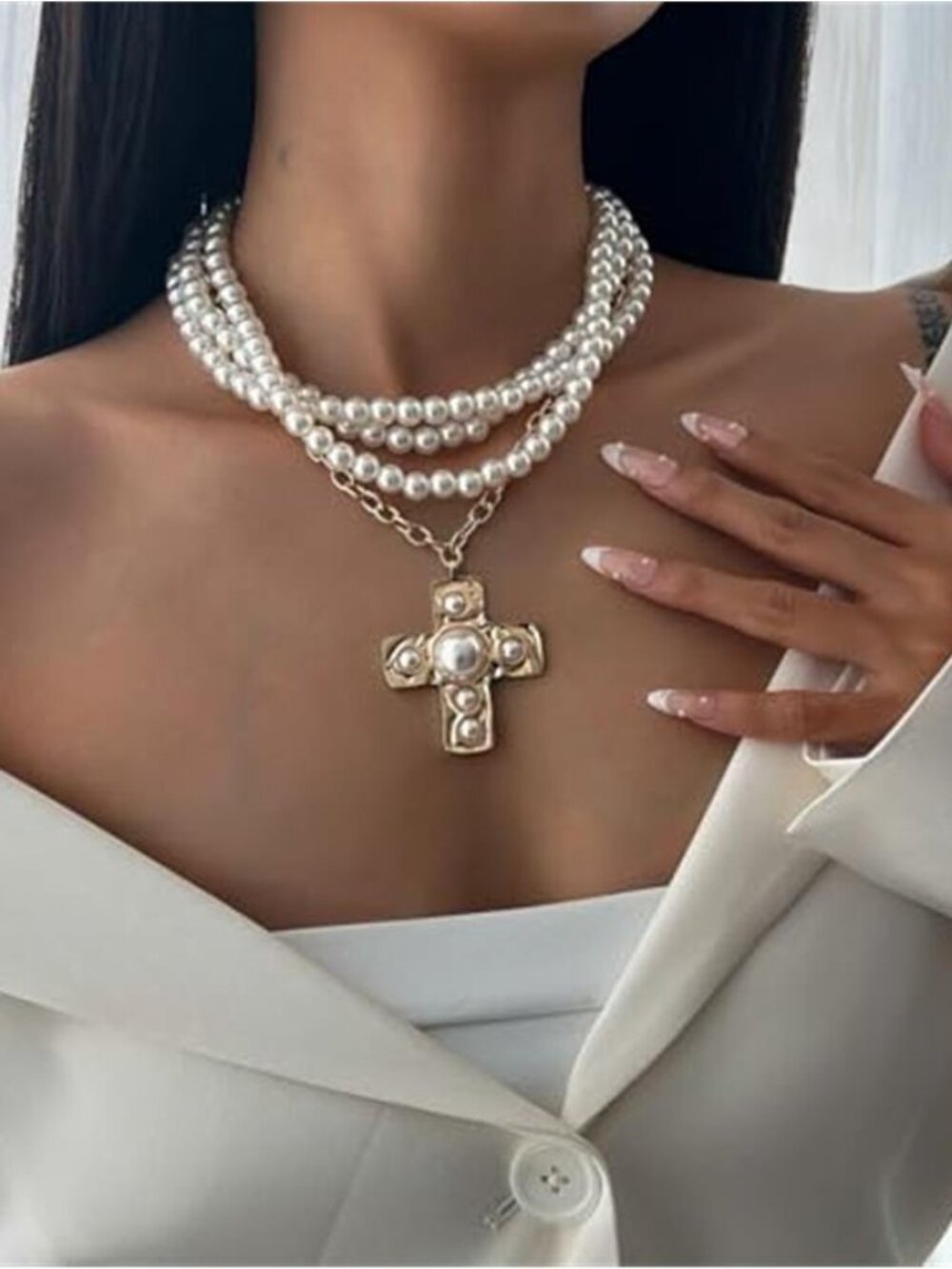 Chunky Gold Tone Cross Necklace Hammered Cross Pearl Layered Statement Jewelry